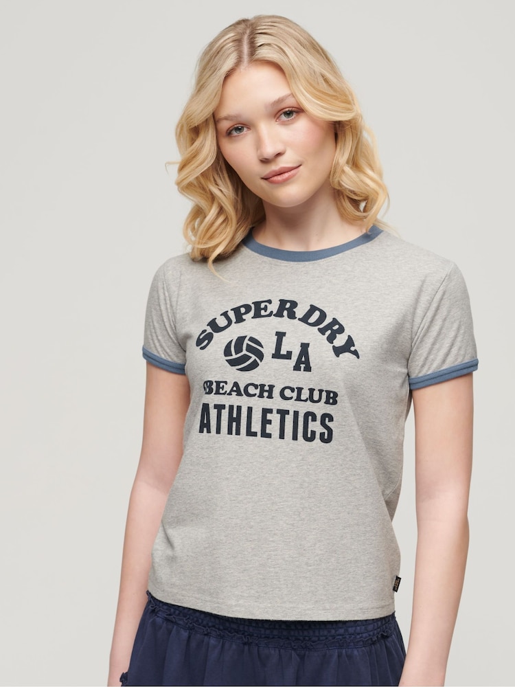 Superdry Grey 100% Cotton Athletic Essentials Beach Graphic Ringer T-Shirt - Image 1 of 6