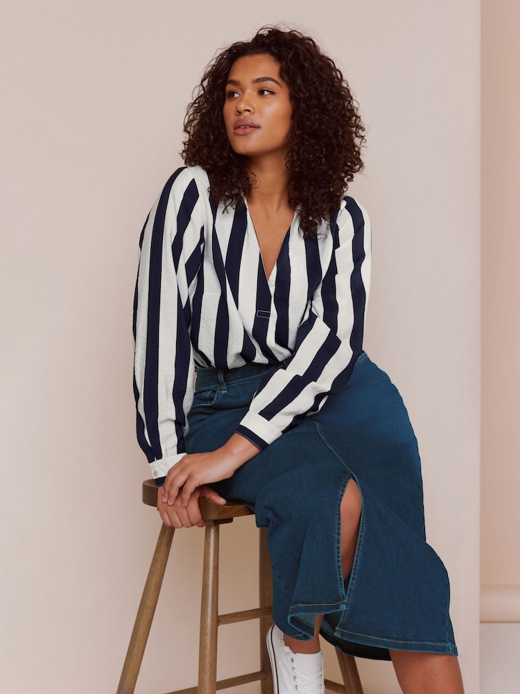 Evans Curve Striped Notch Neck Blouse - Image 2 of 7 Evans Curve Striped Notch Neck Blouse - Image 2 of 7