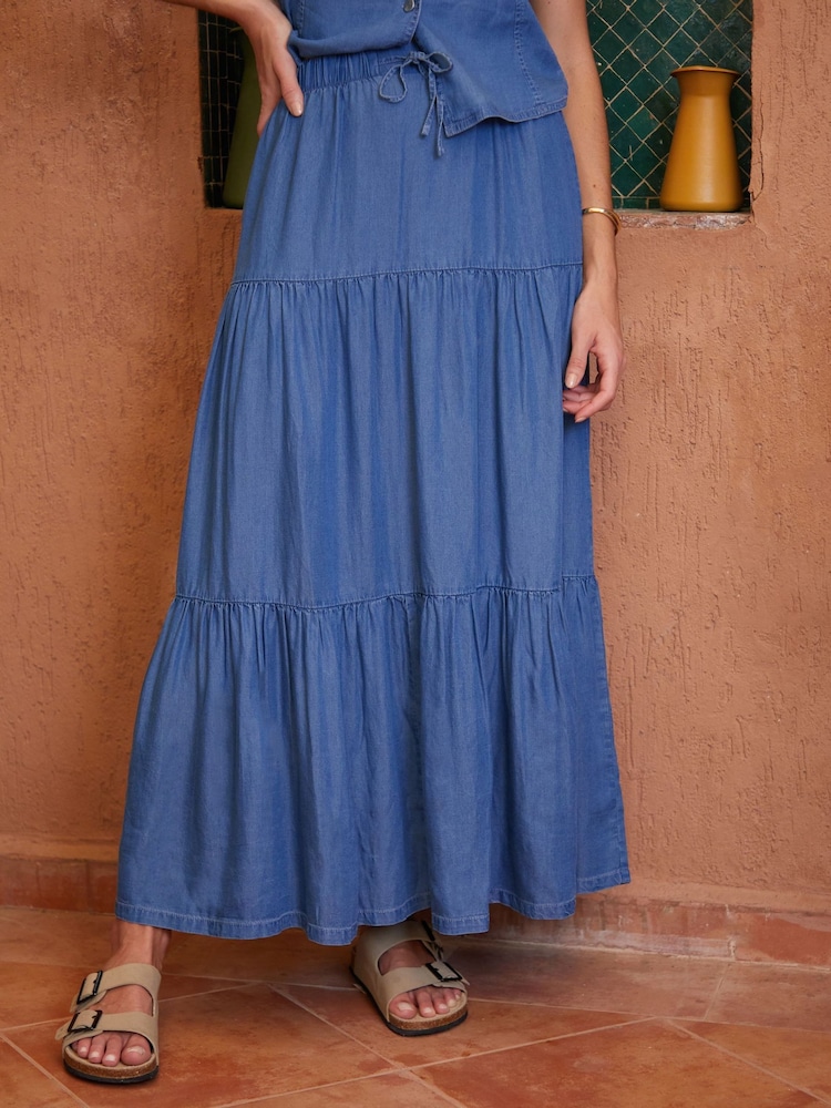 Threadbare Pull On Tiered Chambray Midi Skirt - Bild 1 von 4