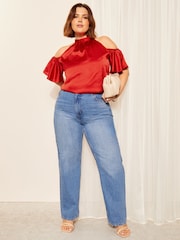 Curves Like These Red Cold Shoulder Flutter Sleeve Halterneck Blouse - Image 2 of 4