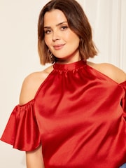 Curves Like These Red Cold Shoulder Flutter Sleeve Halterneck Blouse - Image 3 of 4