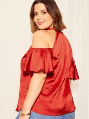 Curves Like These Red Cold Shoulder Flutter Sleeve Halterneck Blouse - Image 4 of 4