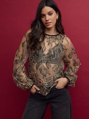 Gold-Champagner - Voluminöse Langarm-Bluse mit aus transparentem Netzstoff und Verzierungen - Bild 1 von 8