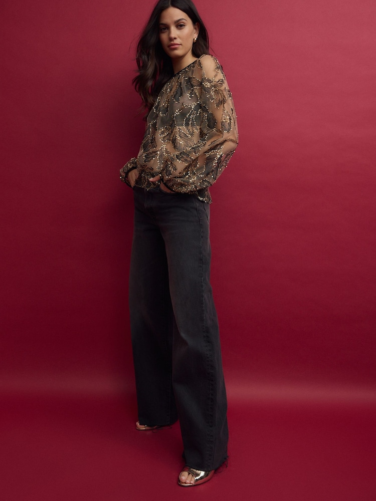 Gold-Champagner - Voluminöse Langarm-Bluse mit aus transparentem Netzstoff und Verzierungen - Bild 2 von 8