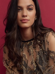Gold-Champagner - Voluminöse Langarm-Bluse mit aus transparentem Netzstoff und Verzierungen - Bild 5 von 8