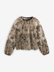 Gold-Champagner - Voluminöse Langarm-Bluse mit aus transparentem Netzstoff und Verzierungen - Bild 6 von 8