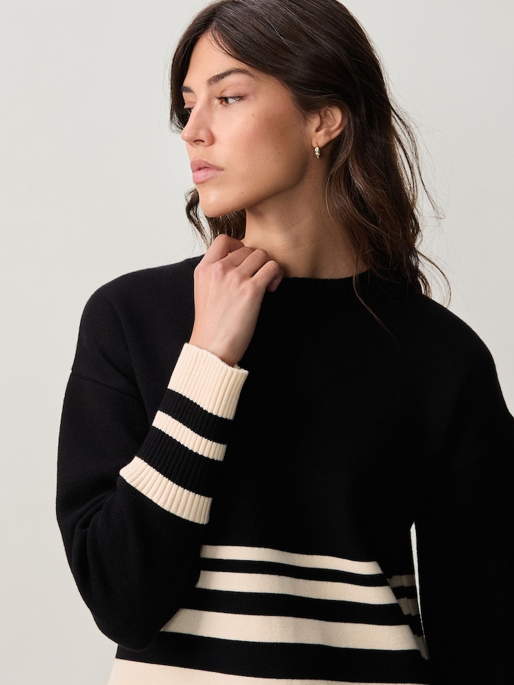 Buy Black/Ecru Stripe Cosy Crew Neck Jumper With Ribbed Detail
