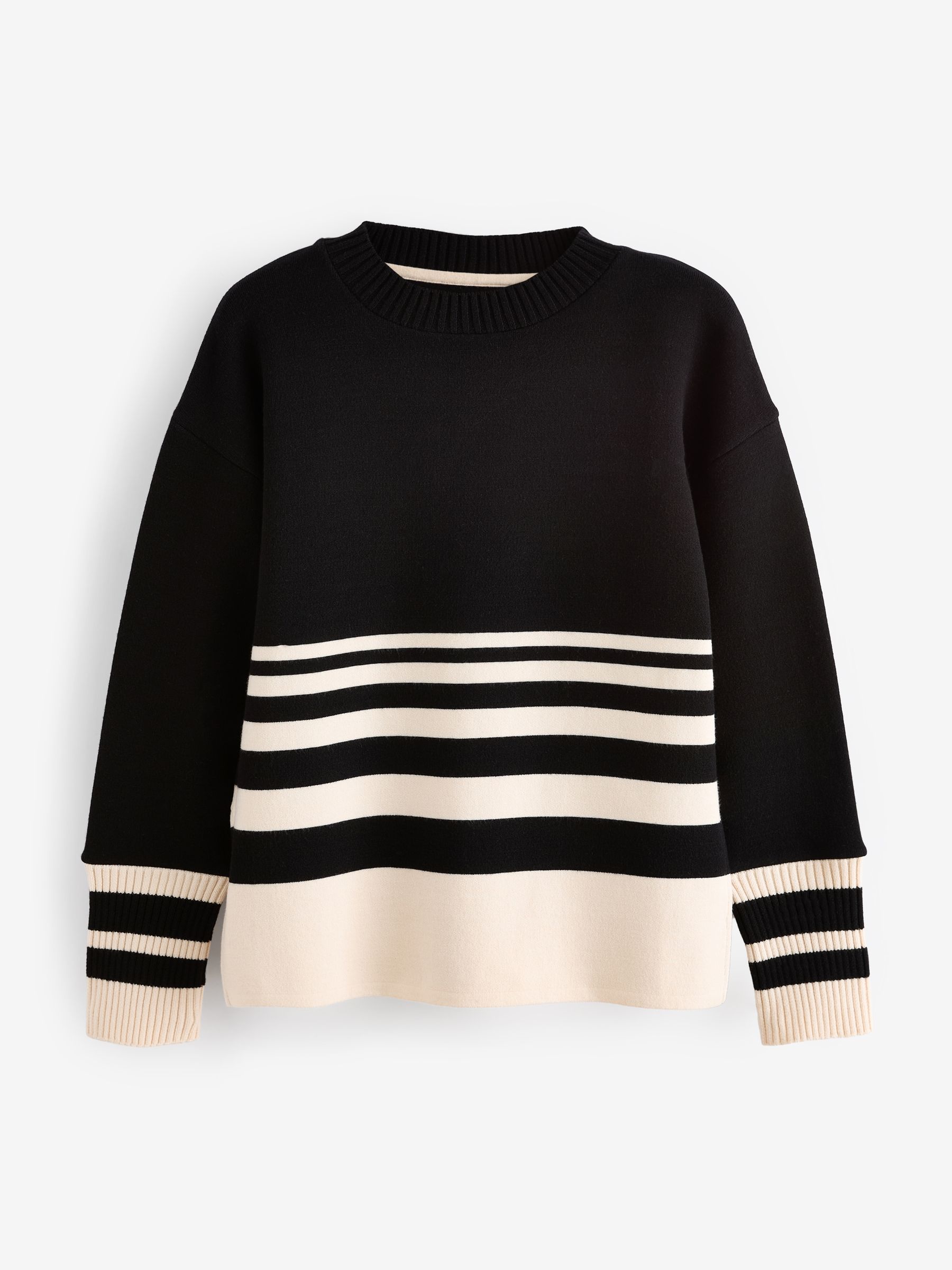 Buy Black/Ecru Stripe Cosy Crew Neck Jumper With Ribbed Detail