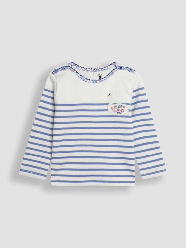 JoJo Maman Bébé Blue Swan Cotton Long Sleeve Pocket Breton Top - Image 1 of 3