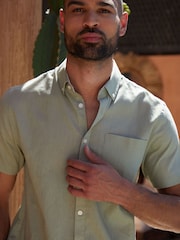 Threadbare Green Linen Blend Short Sleeve Shirt - Image 5 of 5