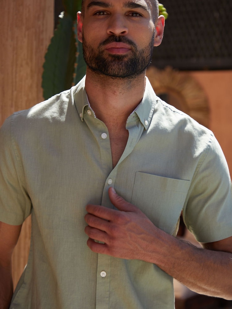 Threadbare Green Linen Blend Short Sleeve Shirt - Image 5 of 5