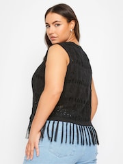 Yours Curve Black Fringe Crochet Vest - Image 3 of 4