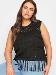 Yours Curve Black Fringe Crochet Vest - Image 4 of 4