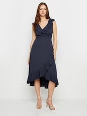 Long Tall Sally Navy Blue Frill Wrap Midi Dress - Image 1 of 6
