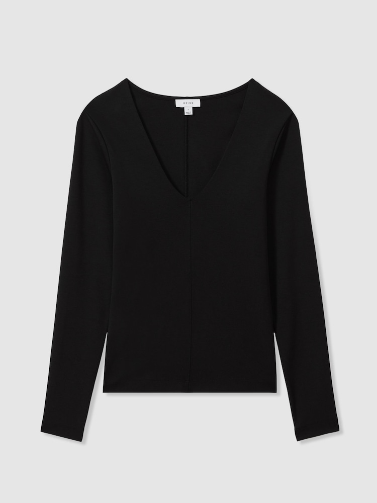 Reiss Black Farrah Modal Blend V-Neck Top - Image 2 of 5 Reiss Black Farrah Modal Blend V-Neck Top - Image 2 of 5