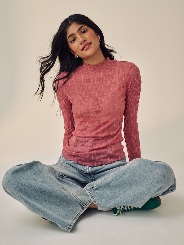 Rose Pink Textured Mesh Roll Neck Top - Image 1 of 5