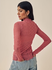 Rose Pink Textured Mesh Roll Neck Top - Image 2 of 5