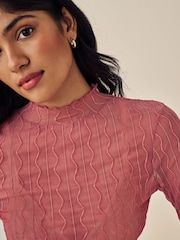 Rose Pink Textured Mesh Roll Neck Top - Image 3 of 5