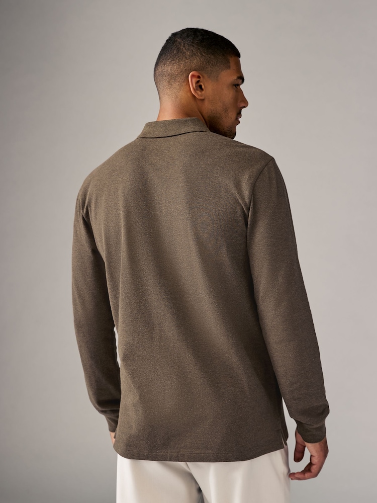 Brown Marl Long Sleeve Pique Polo Shirt - Image 3 of 8