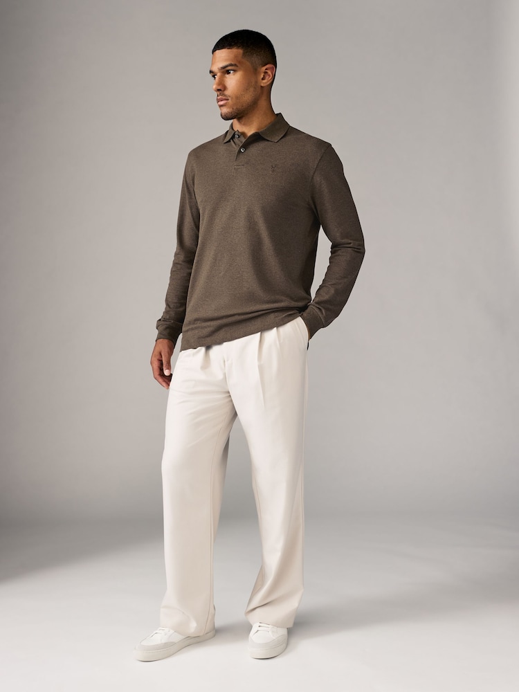 Brown Marl Long Sleeve Pique Polo Shirt - Image 4 of 8
