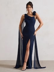 Club L London Navy Blue Angeline Chiffon Draped Split Maxi Dress With Corsages - Image 1 of 5