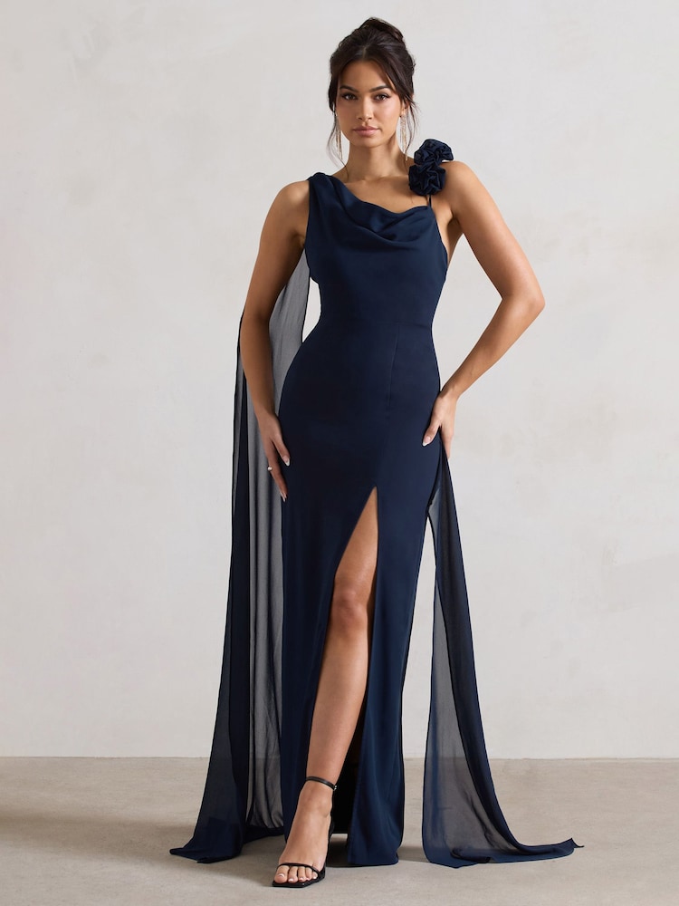 Club L London Navy Blue Angeline Chiffon Draped Split Maxi Dress With Corsages - Image 1 of 5