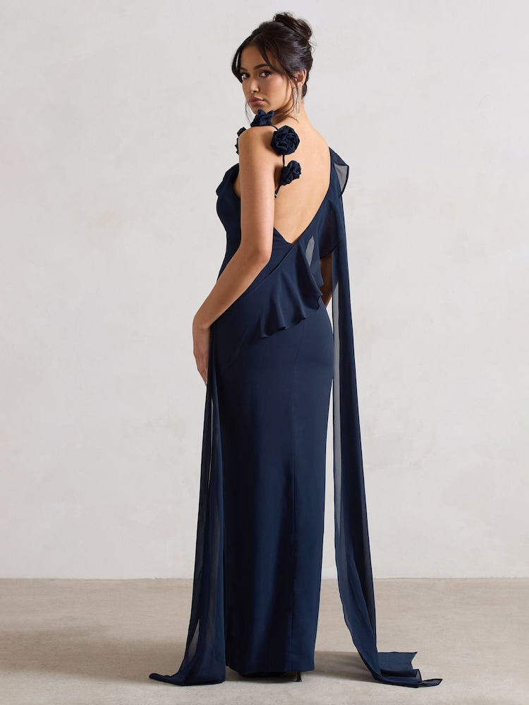 Club L London Navy Blue Angeline Chiffon Draped Split Maxi Dress With Corsages - Image 2 of 5