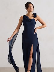 Club L London Navy Blue Angeline Chiffon Draped Split Maxi Dress With Corsages - Image 3 of 5