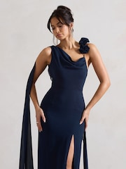 Club L London Navy Blue Angeline Chiffon Draped Split Maxi Dress With Corsages - Image 4 of 5