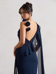 Club L London Navy Blue Angeline Chiffon Draped Split Maxi Dress With Corsages - Image 5 of 5