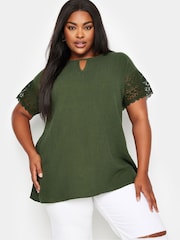 Yours Curve Green Cheesecloth Lace Insert 100% Cotton Top - Image 1 of 5