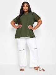 Yours Curve Green Cheesecloth Lace Insert 100% Cotton Top - Image 2 of 5