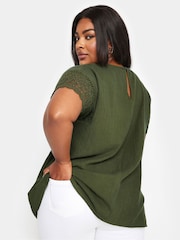 Yours Curve Green Cheesecloth Lace Insert 100% Cotton Top - Image 3 of 5