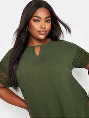 Yours Curve Green Cheesecloth Lace Insert 100% Cotton Top - Image 4 of 5