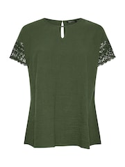 Yours Curve Green Cheesecloth Lace Insert 100% Cotton Top - Image 5 of 5