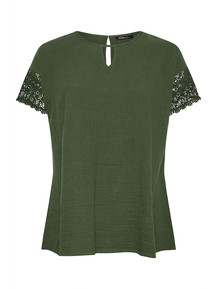 Yours Curve Green Cheesecloth Lace Insert 100% Cotton Top - Image 5 of 5