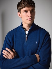 Cobalt Blue Stag Plain Regular Fit 100% Cotton Premium Quarter Zip Jumper - Image 1 of 8