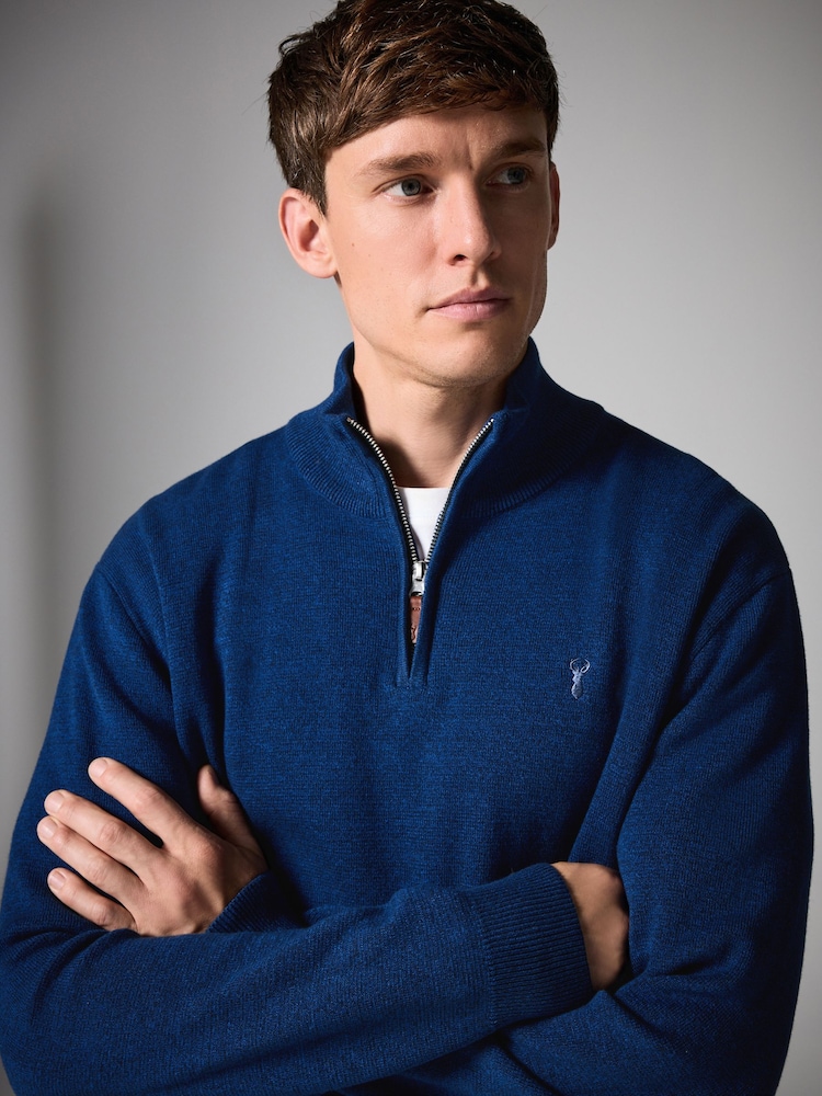 Cobalt Blue Stag Plain Regular Fit 100% Cotton Premium Quarter Zip Jumper - Image 1 of 8