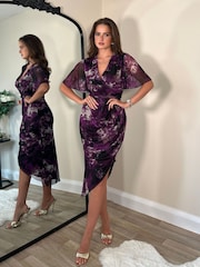 Girl In Mind Purple Floral Natasha Angel Sleeve Wrap Midi Dress - Image 1 of 4