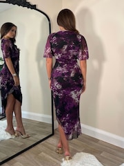 Girl In Mind Purple Floral Natasha Angel Sleeve Wrap Midi Dress - Image 3 of 4