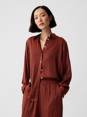 Gap Brown Pleated Satin Oversized Shirt - Image 1 of 4