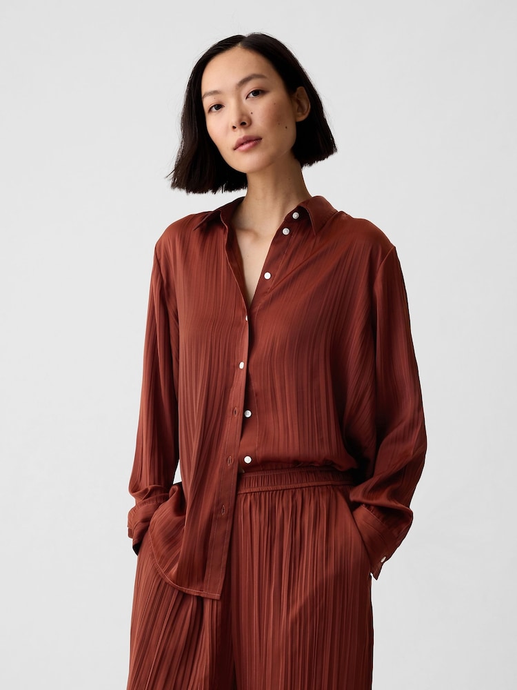 Gap Brown Pleated Satin Oversized Shirt - Image 1 of 4
