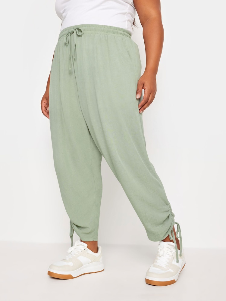 Yours Curve Green Crinkle Ruched Hem Cropped Trousers - Image 2 of 5