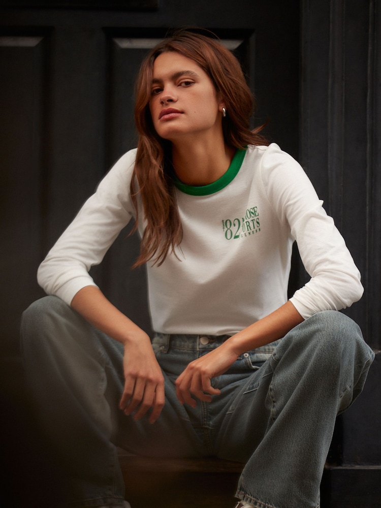 White/Green Essential Long Sleeve Crew Neck 100% Cotton T-Shirt - Image 2 of 7