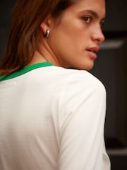 White/Green Essential Long Sleeve Crew Neck 100% Cotton T-Shirt - Image 4 of 7
