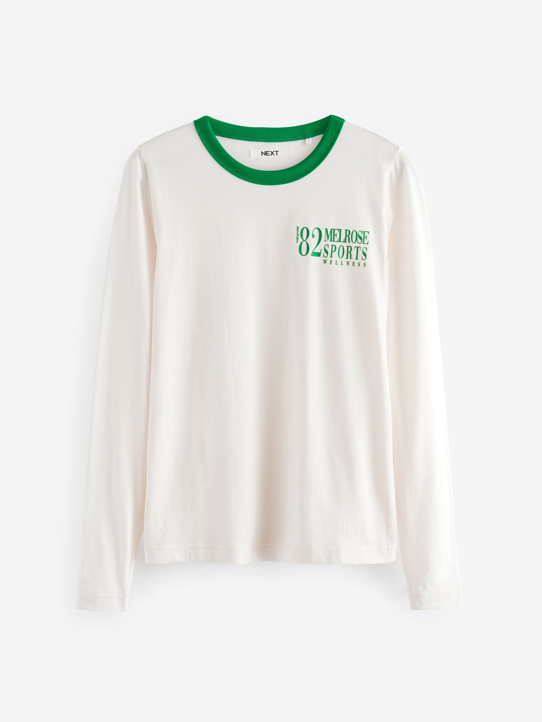 Buy White/Green Essential Long Sleeve Crew Neck 100% Cotton T