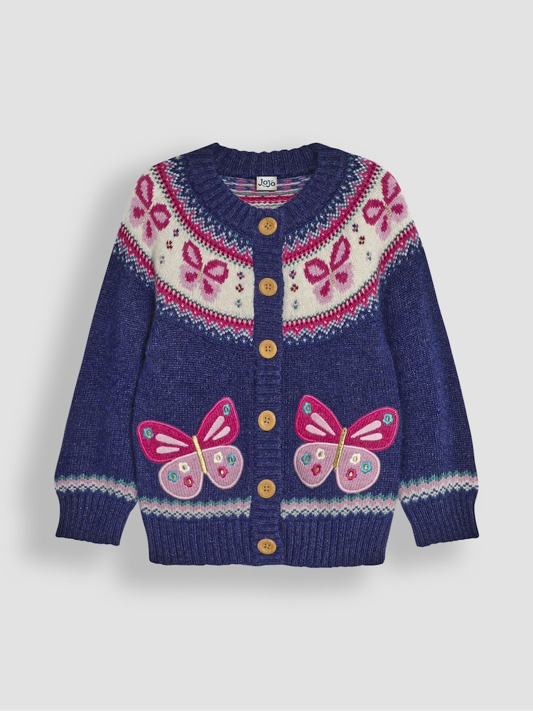 JoJo Maman Bébé Navy Blue Butterfly Knit Fairisle Pattern Cardigan - Image 1 of 3