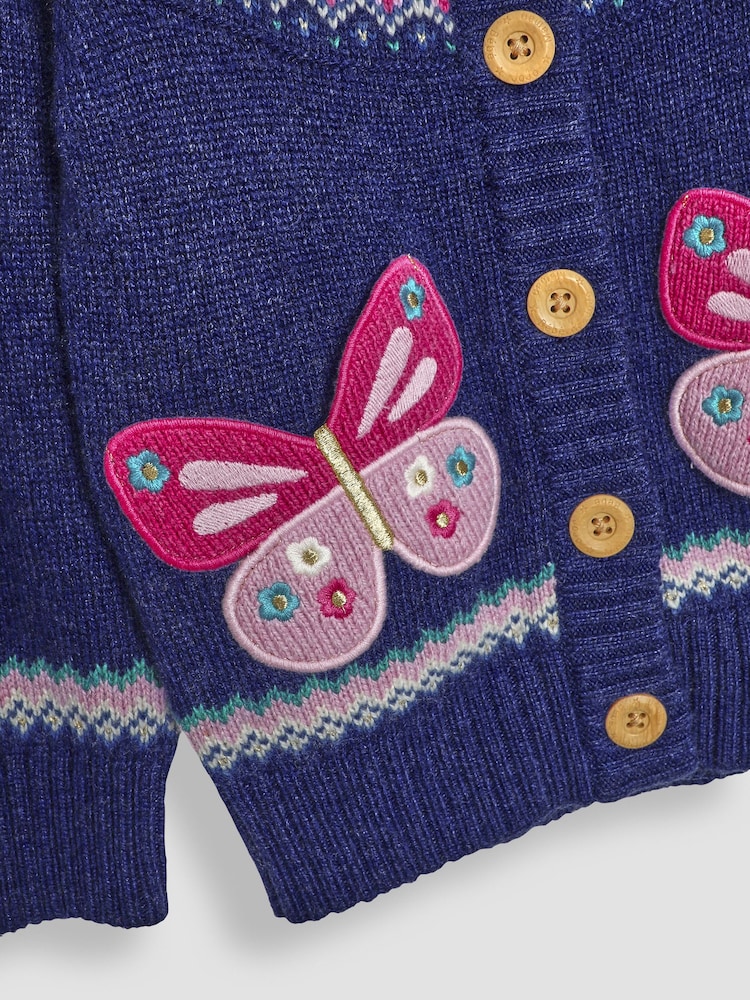JoJo Maman Bébé Navy Blue Butterfly Knit Fairisle Pattern Cardigan - Image 3 of 3