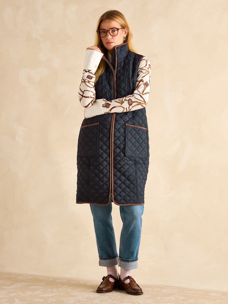 Joules Sutton Navy Blue Showerproof Longline Diamond Quilted Gilet - Image 1 of 9
