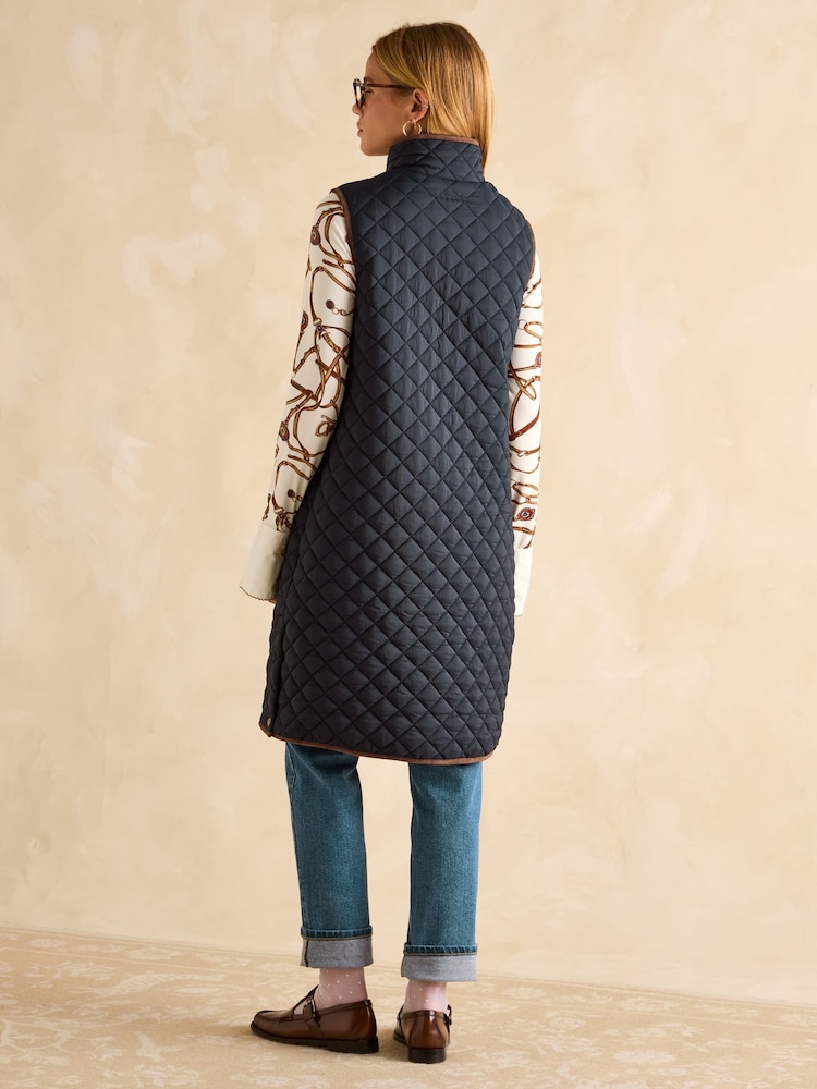Joules Sutton Navy Blue Showerproof Longline Diamond Quilted Gilet - Image 2 of 9